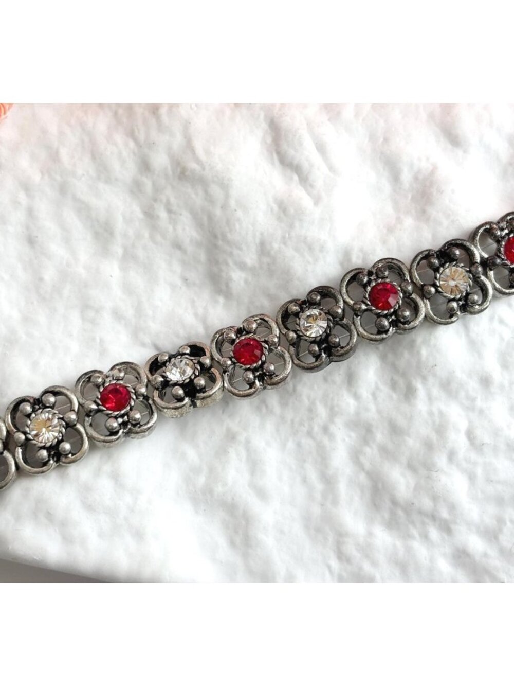 Red & Clear Rhinestone Accented Toggle Clasp Silver Toned 80's Vintage Bracelet
